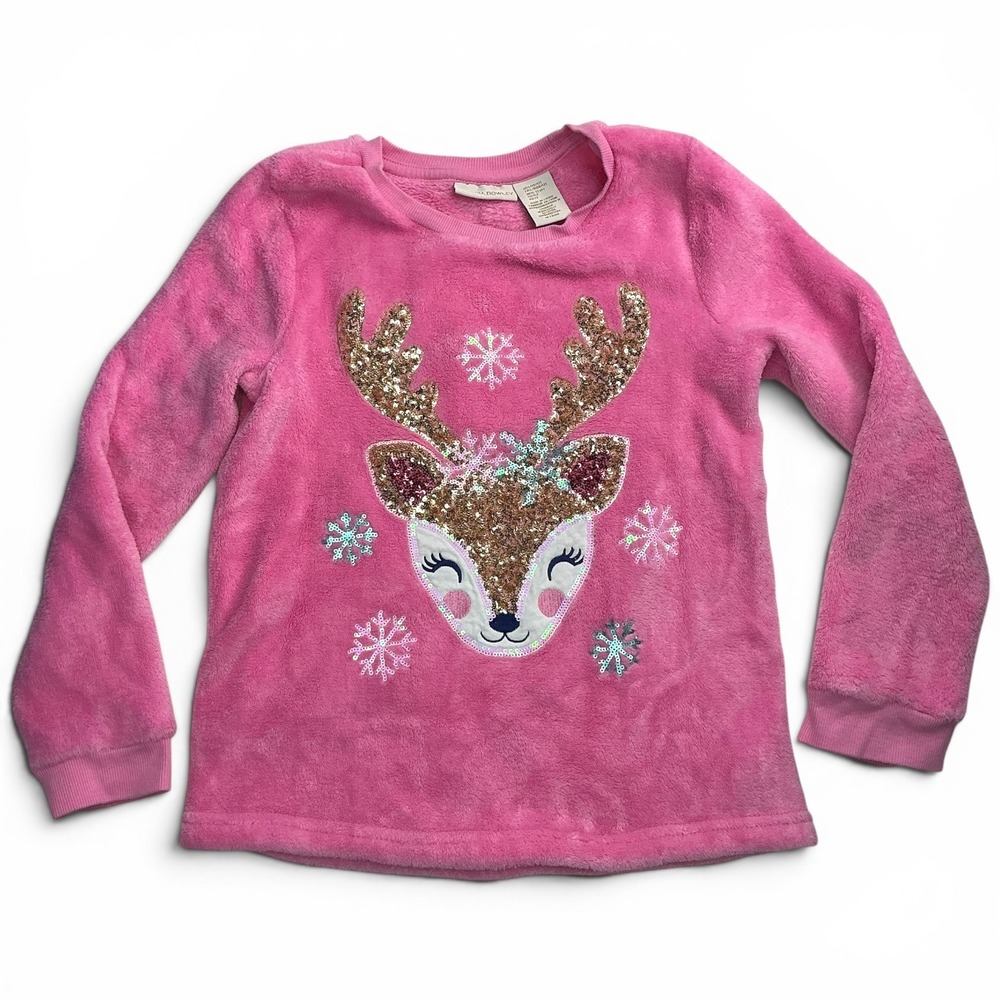 Cynthia Rowley Pink Plush Reindeer Sweatshirt Kids Size L 10/12 Sequin Holiday